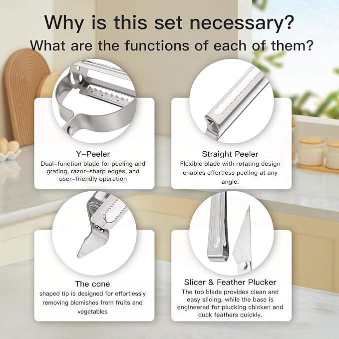 3-in-1 Vegetable Peeler - Ultra Sharp Slicer, Grater & Peeler with Ergonomic Design Grip for Effortless Peeling, Slicing and Grating for Fruit, Potatoes, Carrots, Apples