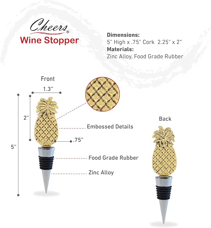 Cheers Gold Pineapple Metal Wine Stopper - Elegant Vacuum Seal Reusable Gold Troical Fruit Wine Bottle Stopper, Airtight Leak Proof Bottle Topper Cork Plug, Home Decor & Bar Tool Accessory Unique Gift