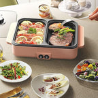 CNCEST 2 in 1 Portable Electric Hot Pot Barbecue Grill Non-Stick Teppanyaki Pan 110V Indoor Hotpot Grill Korean BBQ Combo (Pink)
