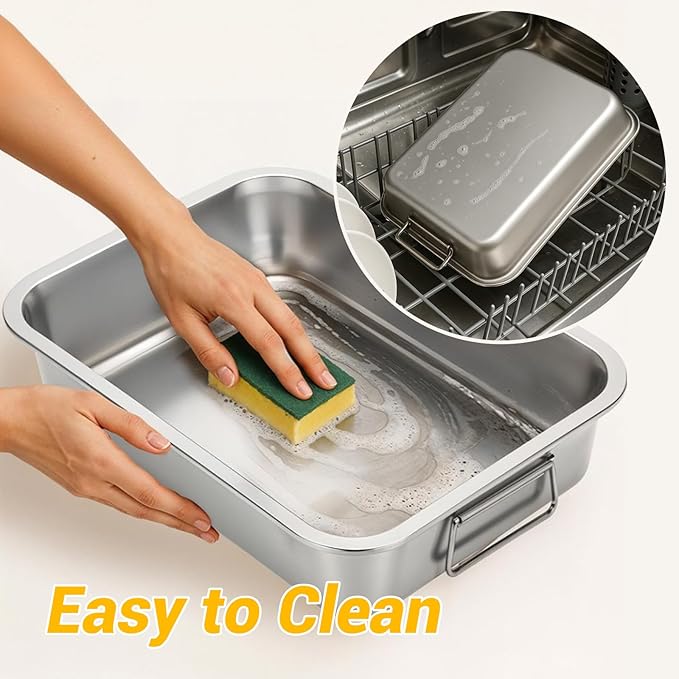 Tifanso Stainless Steel Roasting Pan - Heavy Duty Turkey Roasting Baking Broiler Oven Pan with Rack and Handle for Oven, High Sided Easy to Clean Induction Roast Tray for Chicken, Vegetable, Lasagna