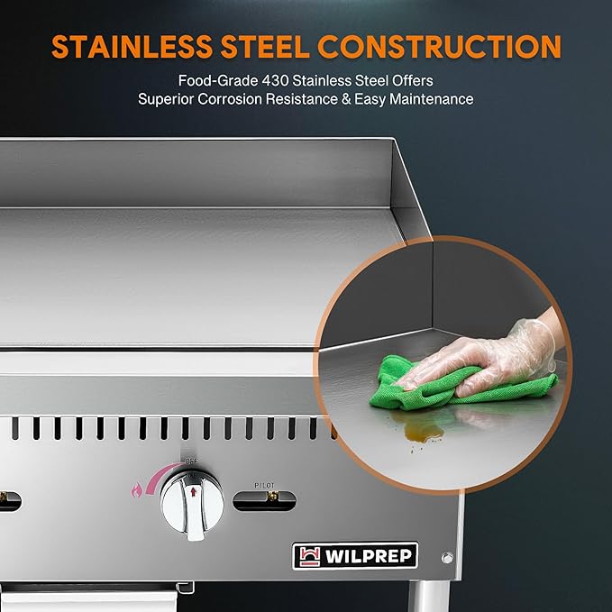 WILPREP Commercial Gas Griddle, 36 in. Gas Countertop Griddle with 3 30000 BTU U-Shaped Burners, NG LPG Compatible Flat Top Grill Hot Plate with Independent Knob Controls for Home Commercial Kitchen