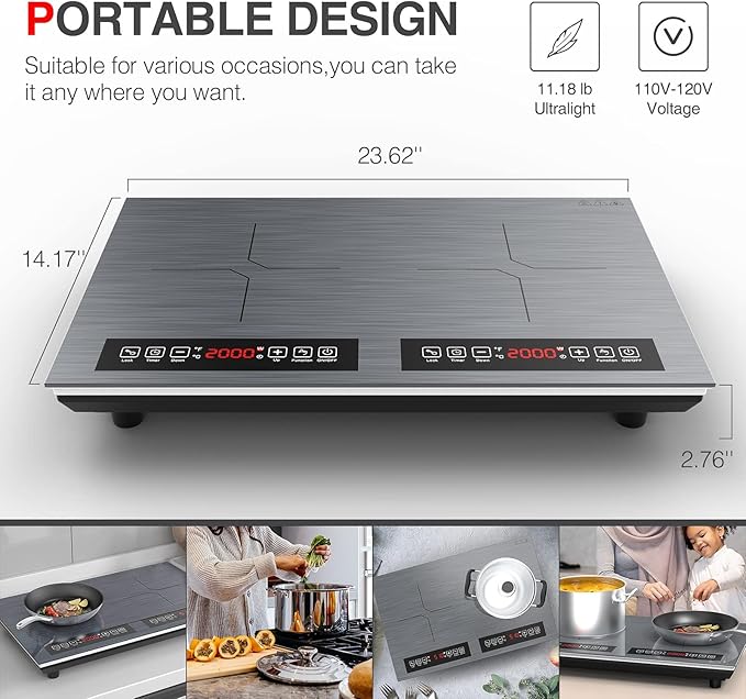 Double Induction Cooktop 110v-120v, 2 Burner Electric Cooktop 24 inch 4000W Induction Stove Top, Hot Plate LED Touch Screen, 9 Temperature, Safety Lock