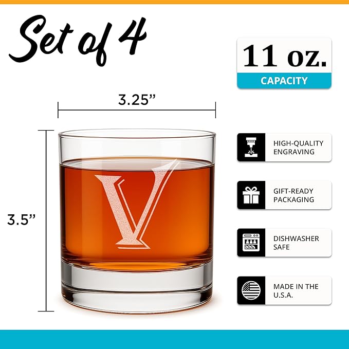 Monogrammed Gifts for Men - 4PC 11 Oz Custom Whiskey Glasses (V-Monogram) - Engraved Whiskey Glasses - Personalized Whiskey Glasses - Unique Bourbon Glasses - Personalized Glass Gifts for Dad