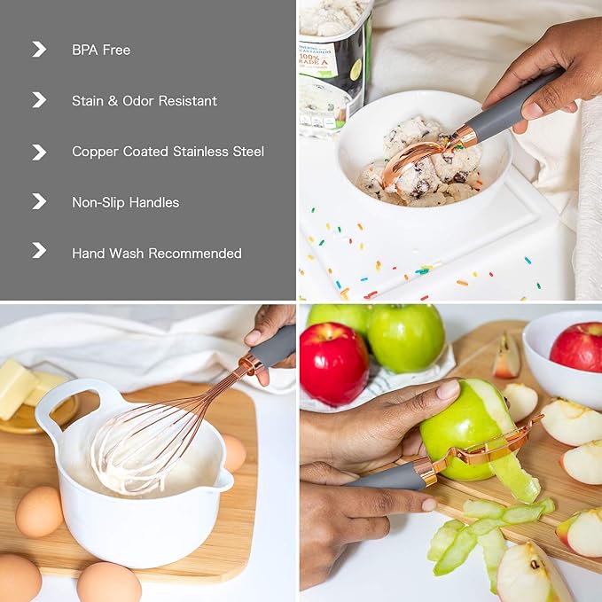 COOK WITH COLOR Kitchen Gadget Set Copper Plated Stainless Steel Utensils with Soft Touch Handles, Copper Grey, 7 Pieces