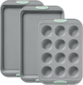 Pyrex (3-Piece) Metal Cookie & Muffin Sheet Bakeware Set, Lightweight Stainless Steel Baking Trays with Heatsafe Silicone Handles, Cookie Muffin Sheet Baking Pan, Sage