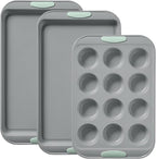Pyrex (3-Piece) Metal Cookie & Muffin Sheet Bakeware Set, Lightweight Stainless Steel Baking Trays with Heatsafe Silicone Handles, Cookie Muffin Sheet Baking Pan, Sage