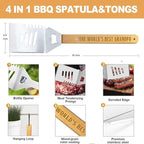 Grandpa Gifts from Grandkids, Christmas Grandpa Gift Heavy Duty Wooden BBQ Grilling Accessories Kit for Backyard, Thick Stainless Steel Grill Utensils with Non-Slip Handle Tools in Portable Bag