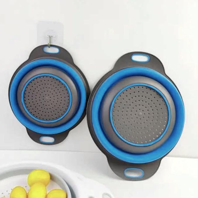 Round Silicone Blue Colander Collapsible – Foldable Kitchen Strainer Small Collapsible Colander Blue with Plastic Handles for Draining Vegetable and Fruit Round Silicone Kitchen Strainer for Pasta