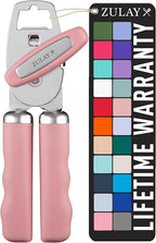 Zulay Kitchen Heavy Duty Stainless Steel Can Opener Manual with Bottle Opener - Rust Proof Manual Can Opener With Turn Knob & Comfy Soft Grip Handles - Pink