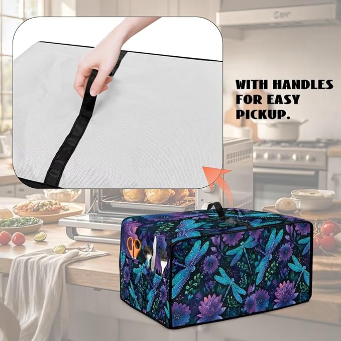 Dragonfly Lotus Print Toaster Oven Cover Compatible with Most Toaster Ovens, Heavy Duty Dust-proof Microwave Oven Cover for Kitchen Counter, Purple (Medium-16.1 * 19.71 * 10 inches)