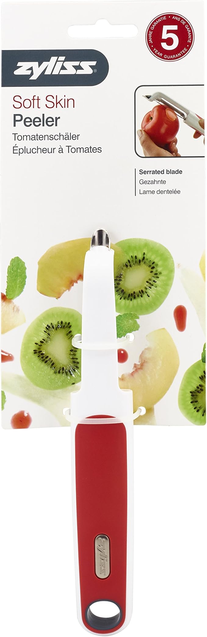 Zyliss Soft Skin Fruit & Vegetable Peeler - Stainless Steel Serrated Peeler - Perfect for Potato, Cucumber, Carrot, Apple, Orange, Tomatoes, & More - Comfort Grip Peeler Kitchen Tool - Red