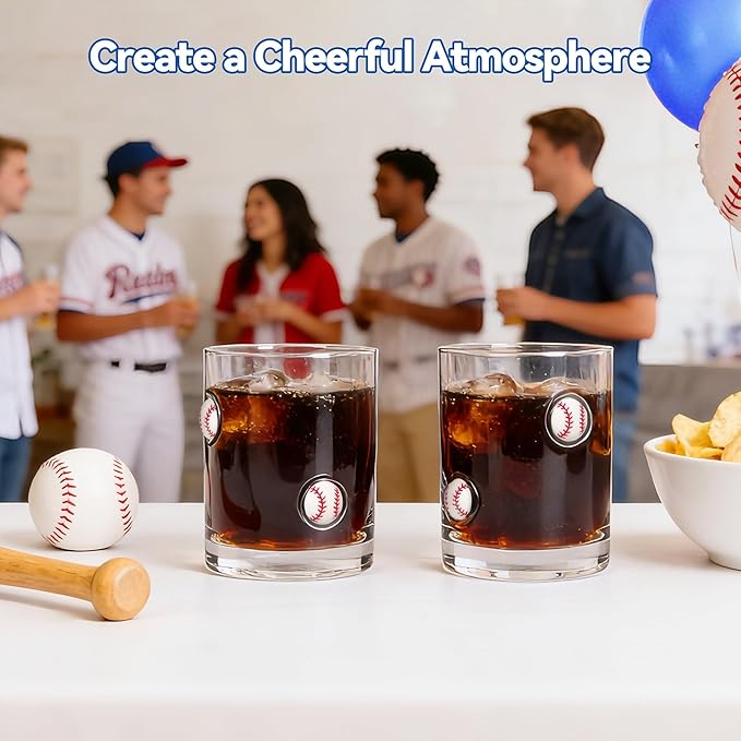 2 Pcs Handmade Baseball Icon Juice Glass Cup, Durable Heat-Resistant Glass, 14 oz Double Old Fashioned Drinking Glass Cup for Holiday Party Supplies Spring Gifts