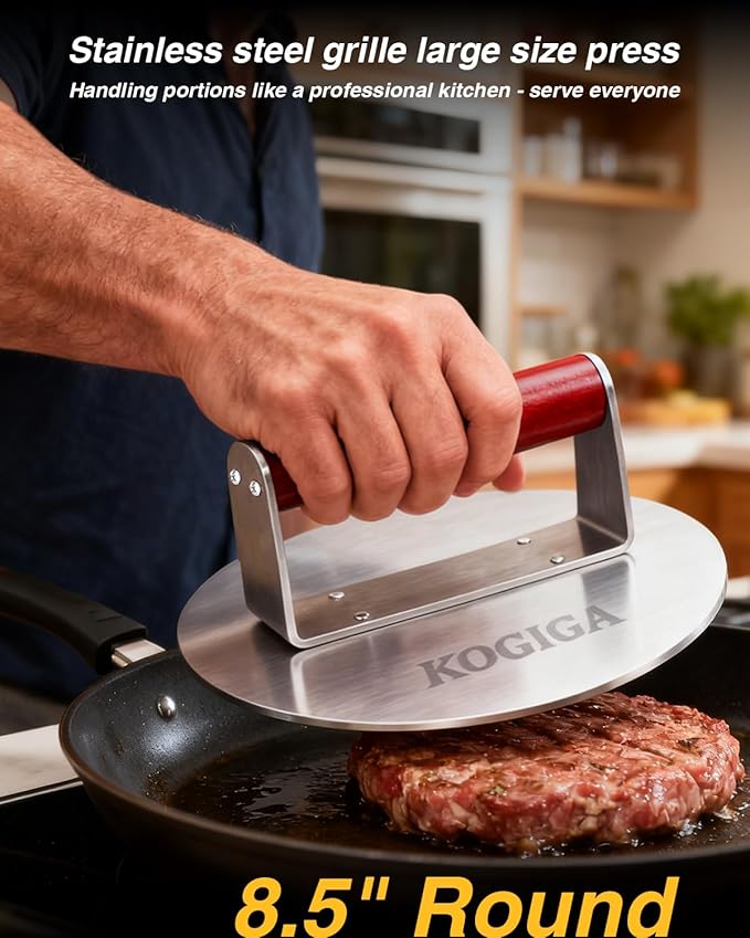 Smash Burger Press 2.5LB Heavy Duty - 8.5 Inch Stainless Steel Burger Smasher Tool with Wood Handle - Professional Grill Press & Steak Weight for Griddle, Perfect Smashburgers, Bacon, Panini