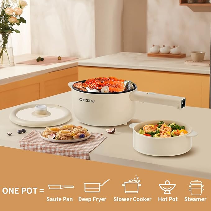 Dezin Hot Pot Electric, 2L Non-Stick Sauté Pan, Rapid Noodles Cooker, Mini Portable Pot for Steak, Egg, Fried Rice, Ramen, Oatmeal, Soup with Power Adjustment & Spatula, College Dorm Room Essential