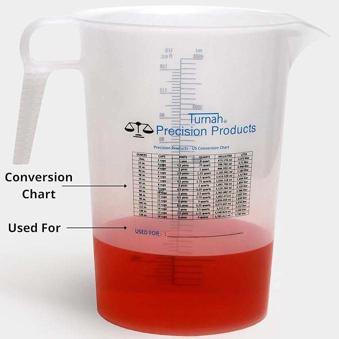 One Gallon 128oz Measure Pitcher - Convenient Conversion Chart - Strong Food Grade - Great for Lawn, Chemicals Pool, Ag, Lye, Home Hobbies, Motor Oil, Fluids - Turnah Precision Products, Made in USA
