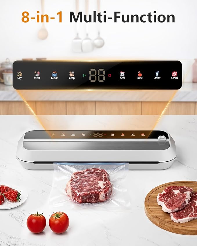 Vacuum Sealer, 8-in-1 Vacuum Sealer For Food, 100W, Digital Timer, Moist&Dry Mode and External VAC for Containers, Built-in Cutter & 10 Vacuum Bags （White）