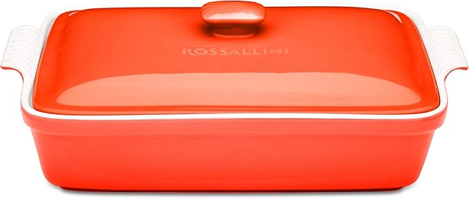 ROSSALLINI Stoneware Casserole Dish Bakeware Set with Lid, Covered Rectangular Dinnerware, Extra Large 4.23 Quart, 13 by 9 Inch, Rosso [Red]