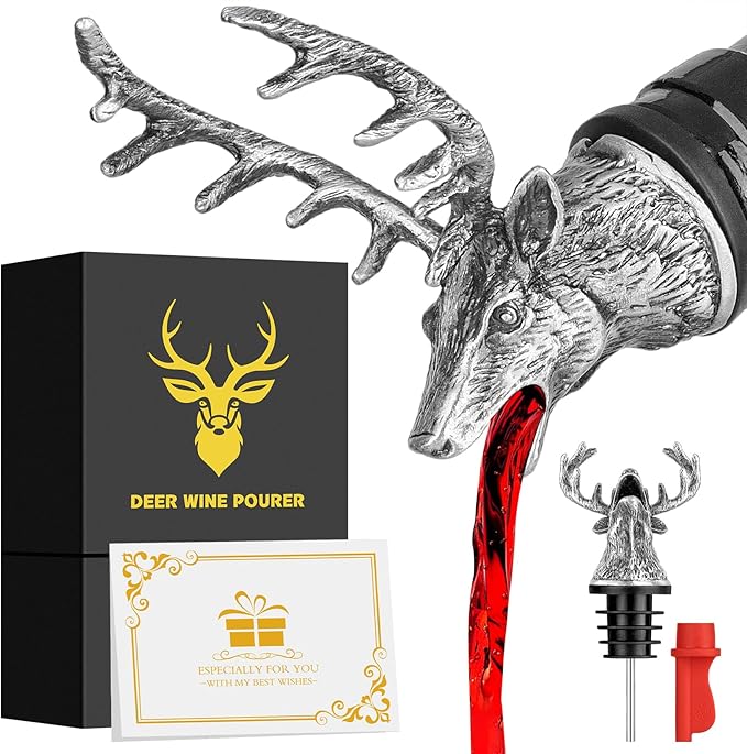 LKKCHER Deer Head Wine Bottle Pourer and Stopper Birthday Gifts Hunting Gifts for Hunters Men Dad Liquor Bottle Pourers Spout for Alcohol Spirits, Stag Gifts Wine Gifts, Dark Silver