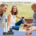Electric Wine Opener Set by ELMWAY - Rechargeable Corkscrew Bottle Opener with Base/Wine Aerator Pourer/Foil Cutter/Wine Stopper/LED Light/Stainless Steel Shell, Gift for Wine Lover - Silver