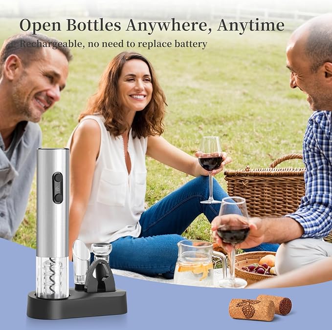 Electric Wine Opener Set by ELMWAY - Rechargeable Corkscrew Bottle Opener with Base/Wine Aerator Pourer/Foil Cutter/Wine Stopper/LED Light/Stainless Steel Shell, Gift for Wine Lover - Silver