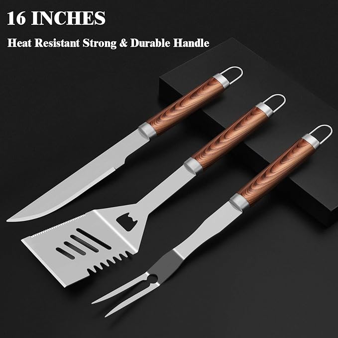 ROMANTICIST 25pcs Extra Thick BBQ Grill Accessories, Christmas Grilling Gifts Set for Men Dad, Heavy Duty Grill Tools Utensils Kit with Spatula, Tongs in Aluminum Case for Birthday Brown