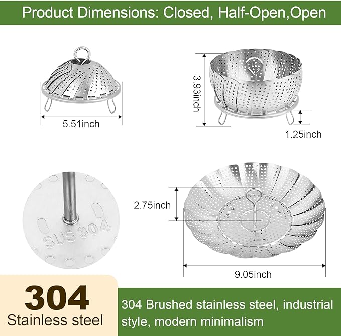 Steamer Basket for Cooking – Premium 304 Stainless Steel Steamer Basket, 3rd Gen Folding Expandable Steamers, Suitable for Cookware Pot, Fit for Fish Vegetables Pasta Eggs (Small (5.5“ to 9.05”))