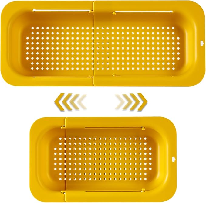Extendable Sink Colander Strainer Basket - Wash Vegetables and Fruits, Drain Cooked Pasta and Dry Dishes - Adjustable Over the Sink Colander Collapsible Drainer Basket - Yellow