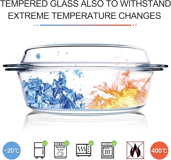 Round Tempered Glass Casserole Dish with Lid, Glass Casserole Baking Dish for Oven, Freezer and Dishwasher Safe - 2.5QT