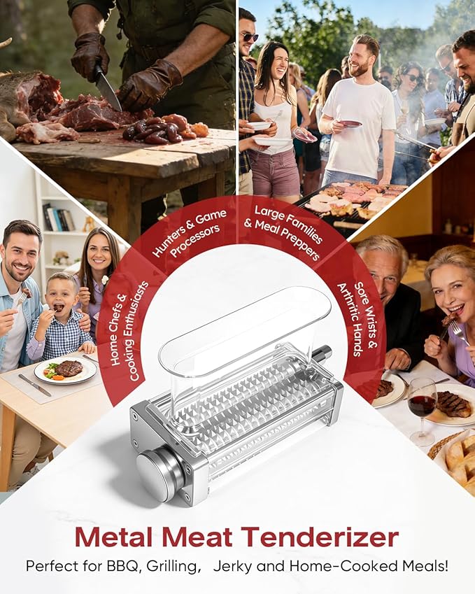 Adjustable Meat Tenderizer Attachment for KitchenAid Stand Mixers 3 Thickness Settings with Wide Metal Wheel & Tall Chute Meat Tenderizer Tool (meat tenderizer)
