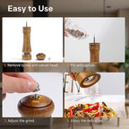 Wooden Salt and Pepper Grinder Set, Premium Oak Wood Salt Grinders Shakers, Pepper Mill with Acrylic Clear Window, Adjustable Ceramic Grinder - 8 inches, 2 Pack