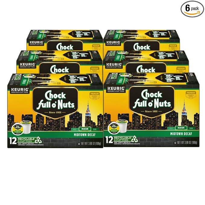 Chock Full o' Nuts Midtown Decaf Keurig K-Cup Pods for Keurig Brewers – Premium Arabica, Medium Roast – Single Serve – 6 Packs of 12 K-Cup Pods