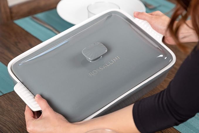 ROSSALLINI Stoneware Casserole Dish Bakeware Set with Lid, Covered Rectangular Dinnerware, Extra Large 4.23 Quart, 13 by 9 Inch, Grigio [Grey]