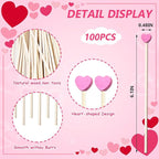 100 Pcs 6 Inch Pink Heart Shaped Valentine's Day Wooden Swizzle Sticks, Cocktail & Coffee Drink Stirrers, Rock Candy Sticks, Cake Pop Sticks, Lollipop Sticks for Anniversary, Wedding Party