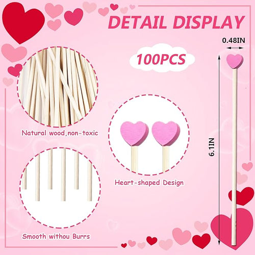 100 Pcs 6 Inch Pink Heart Shaped Valentine's Day Wooden Swizzle Sticks, Cocktail & Coffee Drink Stirrers, Rock Candy Sticks, Cake Pop Sticks, Lollipop Sticks for Anniversary, Wedding Party