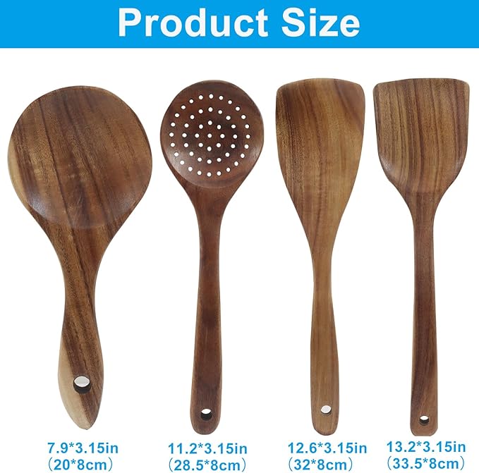 4 Pcs Natural Teak Wood Spatulas, Nonstick Wooden Spoons Premium Cooking Utensils, Heat Resistant Kitchen Utensil Set for Nonstick Cookware/Cooking Gifts