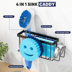 Sponge Holder for Kitchen Sink,Sink Caddy Smiley Face,4-in-1 Sponge Holder with Suction Cups & 1 PCS Adhesive Strips for Holding Soap,Brush,Scrubber,Sponge,Stopper-Black