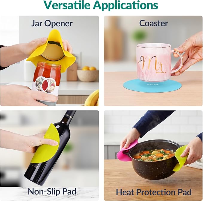 NIHOME Silicone Jar Opener – 6 Inch Large Anti-Slip Grip Pads, Premium 100% Food-Grade Silicone, Stylish Designer Colors, Multi-Purpose Heat-Resistant Mat & Coaster, Set of 4 (Fluorescent Colors)