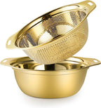 Colander 304 Stainless Steel 5-quart with Mixing Bowls, Strainer for Kitchen Food For washing vegetables, fruit, rice, Dishwasher Safe. (Gold 2PC)