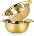 Colander 304 Stainless Steel 3-quart with Mixing Bowls, Strainer for Kitchen Food For washing vegetables, fruit, rice, Dishwasher Safe. (Gold 2PC)