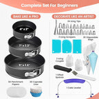 RFAQK 150PCs Cake Pan Set for Baking + Cake Decorating Supplies: 3 Round Non Stick Springform Pan Set (4, 7, 9 inches),24 Icing Tips,Cake Leveler–Multi-functional Leak-Proof Cake Pans & eBook