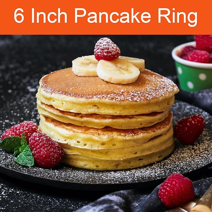 4 Packs 6 Inch Pancake Ring for Griddle, 6"Omelette Ring for Griddle, Non-stick Stainless Steel Pancake Egg Ring Omelet Mold Pancake Mold Cake Mold Crumpet Circle Silicone Handle Spatula & Oil Brush
