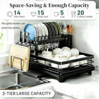 2 Tier Stainless Steel Dish Drying Rack with Auto-Draining Drainboard, Utensil Holder, Detachable & Space Saving Kitchen Counter Organizer, (Black),Chaos Coordinator Gifts