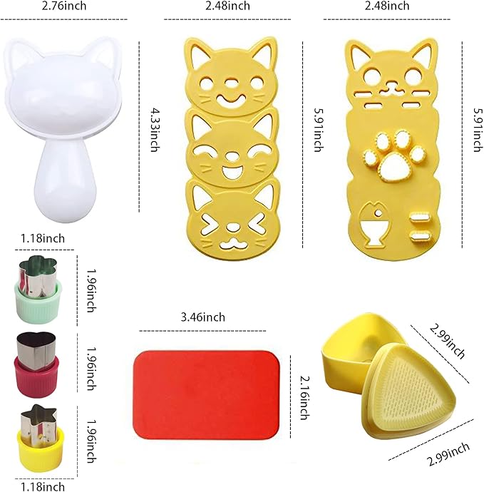Cute Cat Rice Ball Molds 6 Sets Sushi Molds Bento Accessories Kits with 3PCS Vegetable Fruit Cutter Shapes and 1PC Gimbap Mold Triangle for Nori Rice Making DIY Bento Box Picnic Tools