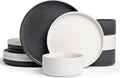 Famiware Star 12-Piece Stoneware Dinnerware Sets for 4, Reactive Glaze Plates and Bowls, Modern Rustic Dishes for Everyday/Formal Use, Chip/Scratch Resistant, Microwave/Dishwasher Safe, White & Black