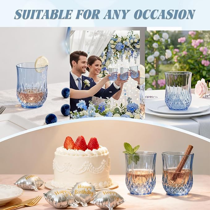 40 Pack Plastic Stemless Wine Glasses,12oz Unbreakable Vintage Elegant Drinking Glass Set,Reusable Fancy Cocktail Cups for Party, Wedding, and Bulk Events (40, 12oz-Blue)
