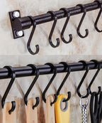 WONMILLE Gourmet Kitchen Utensil Rack with 6 Hooks, Wall Mounted Rail Wrought Iron Hanging Utensil Holder Rack with Removable S Hooks 16 Inch (Black-6 Hooks)