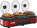Triple Slow Cooker, 3 x 1.5 QT Portable Small Dual Crock Cooker, Buffet Servers and Warmers Dishwasher Safe, Removable Ceramic Pot Glass Lid, Stainless Steel, Red