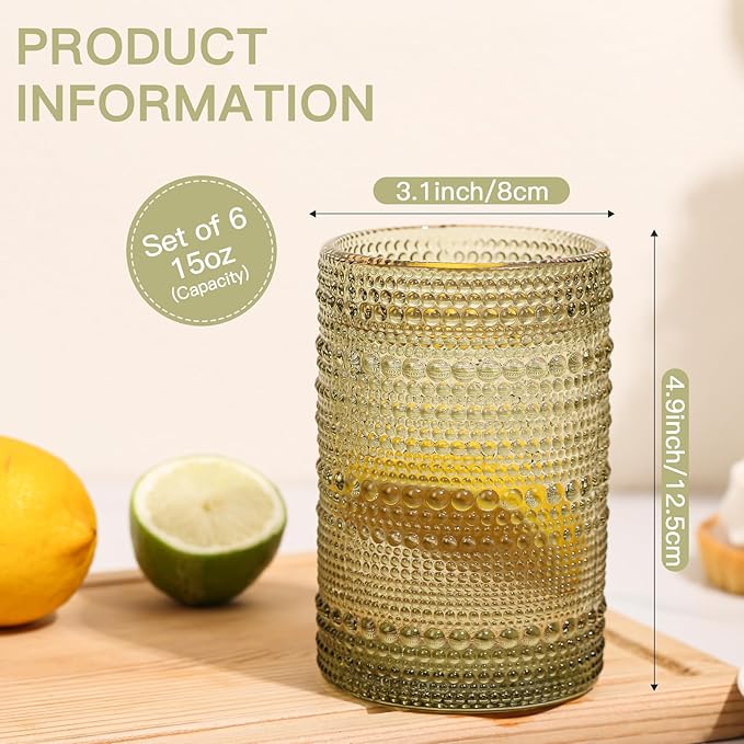 JOVGANK Green Vintage Hobnail Drinking Glasses Set of 6, Water Tumbler 15oz, Kitchen & Bar Beaded Highball Glasses, Beverage Glass Cups for Water, Beer, Juice, Housewarming and Mother's Day Gift