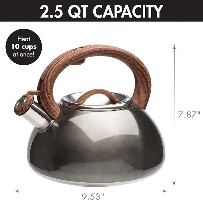 Primula Avalon Whistling Stovetop Tea Kettle, Food Grade Stainless Steel Wide Mouth, Fast to Boil, Cool Touch Handle, 2.5-Quart, Gunmetal Grey and Wood-Look