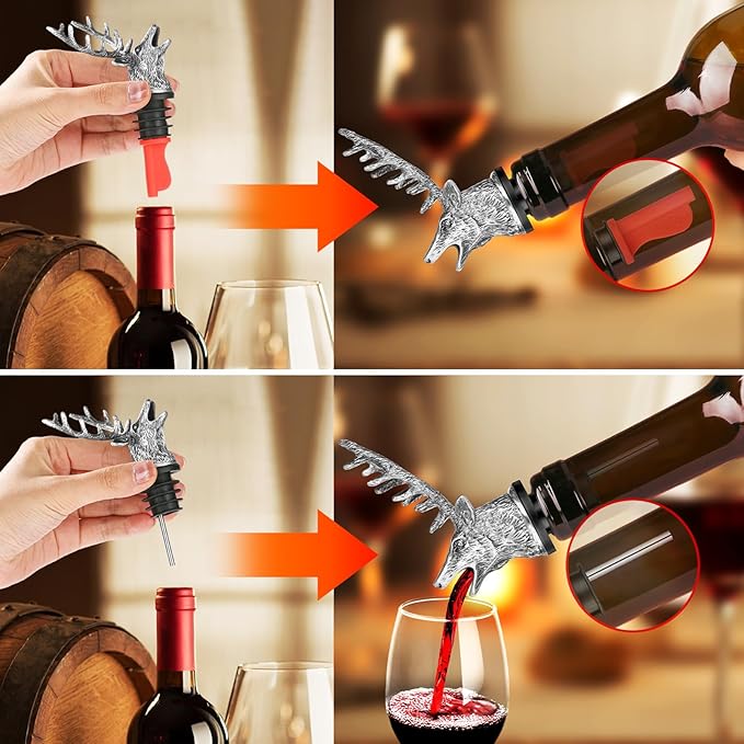 LKKCHER Deer Head Wine Bottle Pourer and Stopper Birthday Gifts Hunting Gifts for Hunters Men Dad Liquor Bottle Pourers Spout for Alcohol Spirits, Stag Gifts Wine Gifts, Dark Silver